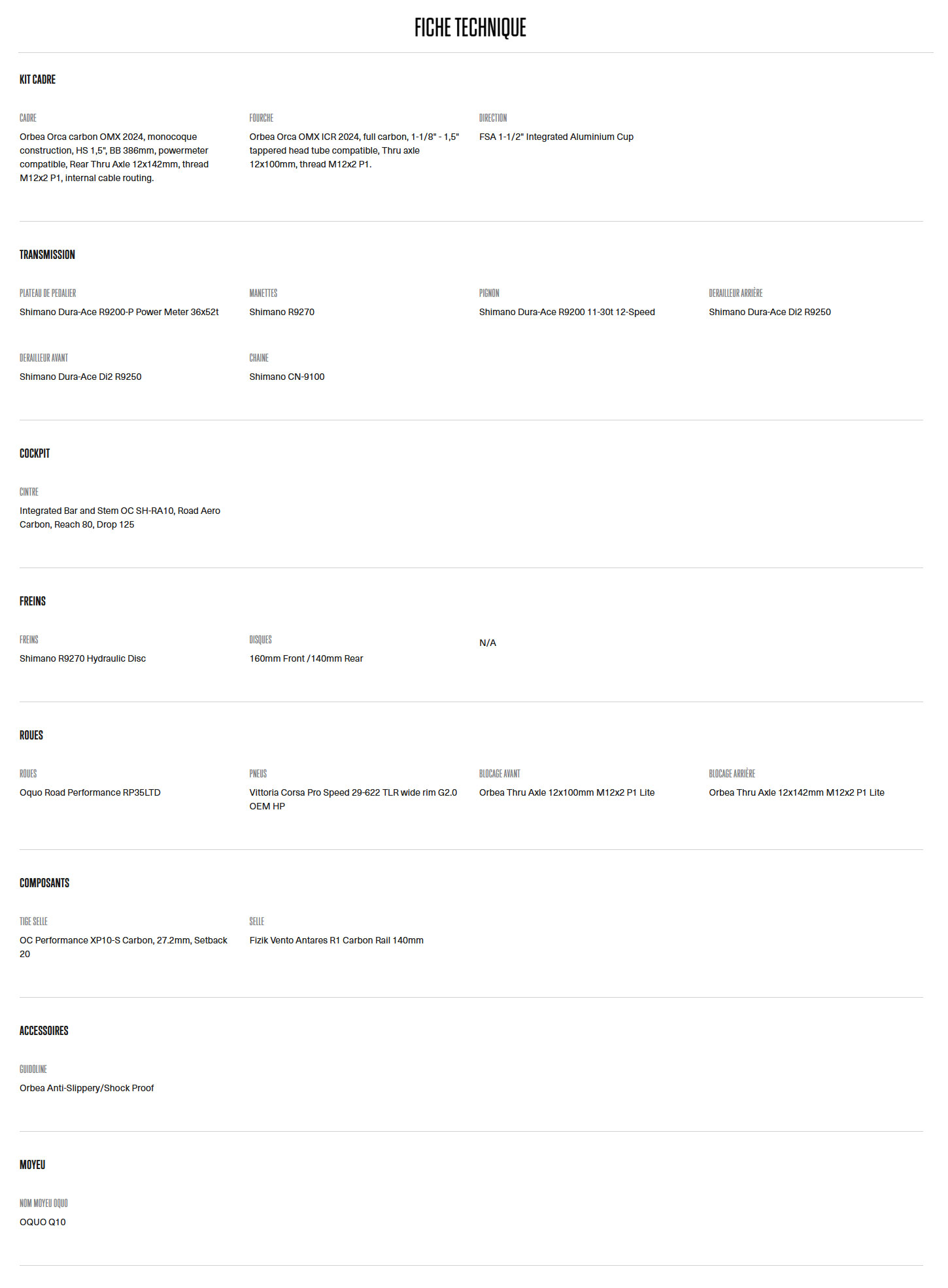 Caractéristique technique du vélo Orca M10ILTD PWR année 2025